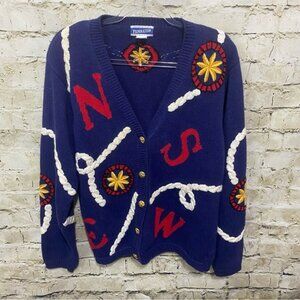 Vintage Pendleton Blue Red Cardigan Sweater Compass Nautical